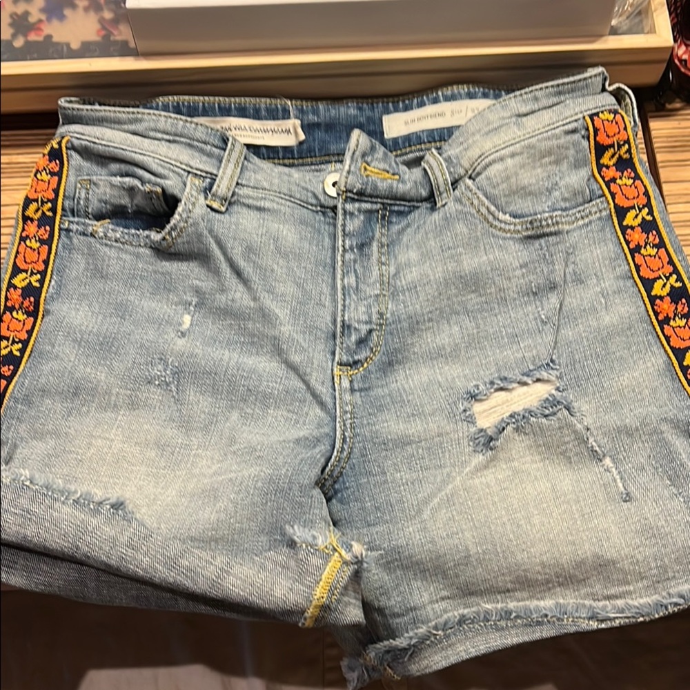 Pilcro Light Blue Jean Shorts with Floral Trim